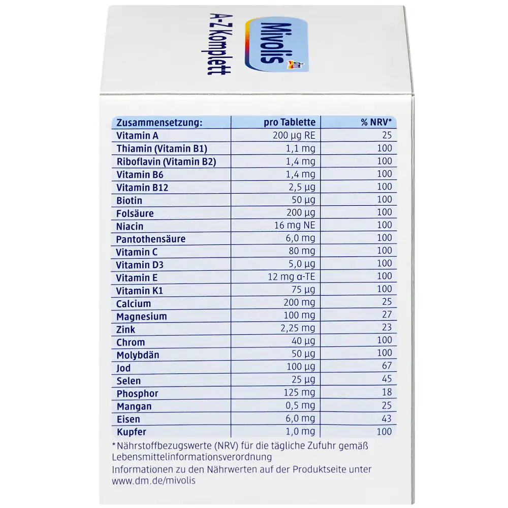 mivolis-multivitamine-az-valeurs-nutritionnelles Multivitamine AZ Dépôt Complet, 100 Comprimés, Mivolis – Image 2