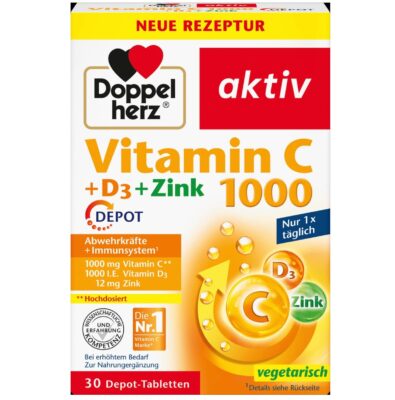 Vitamine C 1000 + D3 + Zinc Dépôt, 30 Comprimés, Doppelherz