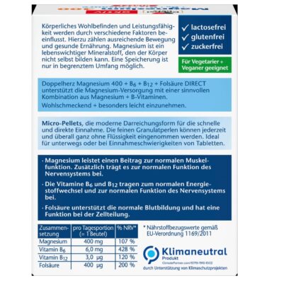 Magnésium 400 + vitamines B6 + B12 + granulés directs d'acide folique 20 pièces, 24 g – Image 2