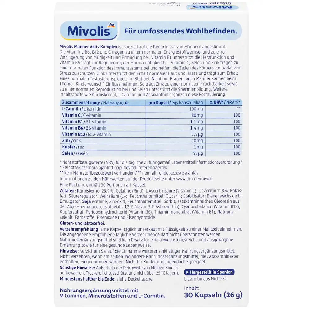 mivolis-complexe-homme-actif-valeurs-nutritionnelles Complexe Actif Homme, 30 Capsules, Mivolis – Image 2