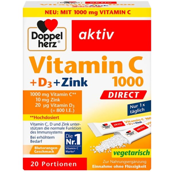 Vitamine C 1000mg + Zinc + D3, 20 Granulés Directs, Doppelherz