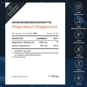 Bisglycinate de magnésium 1500mg ,120 Gélules, Vitamaze – Image 3