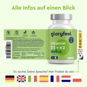 Vitamine D3 + k2, 5000 UI, 200 comprimés, Gloryfeel – Image 2