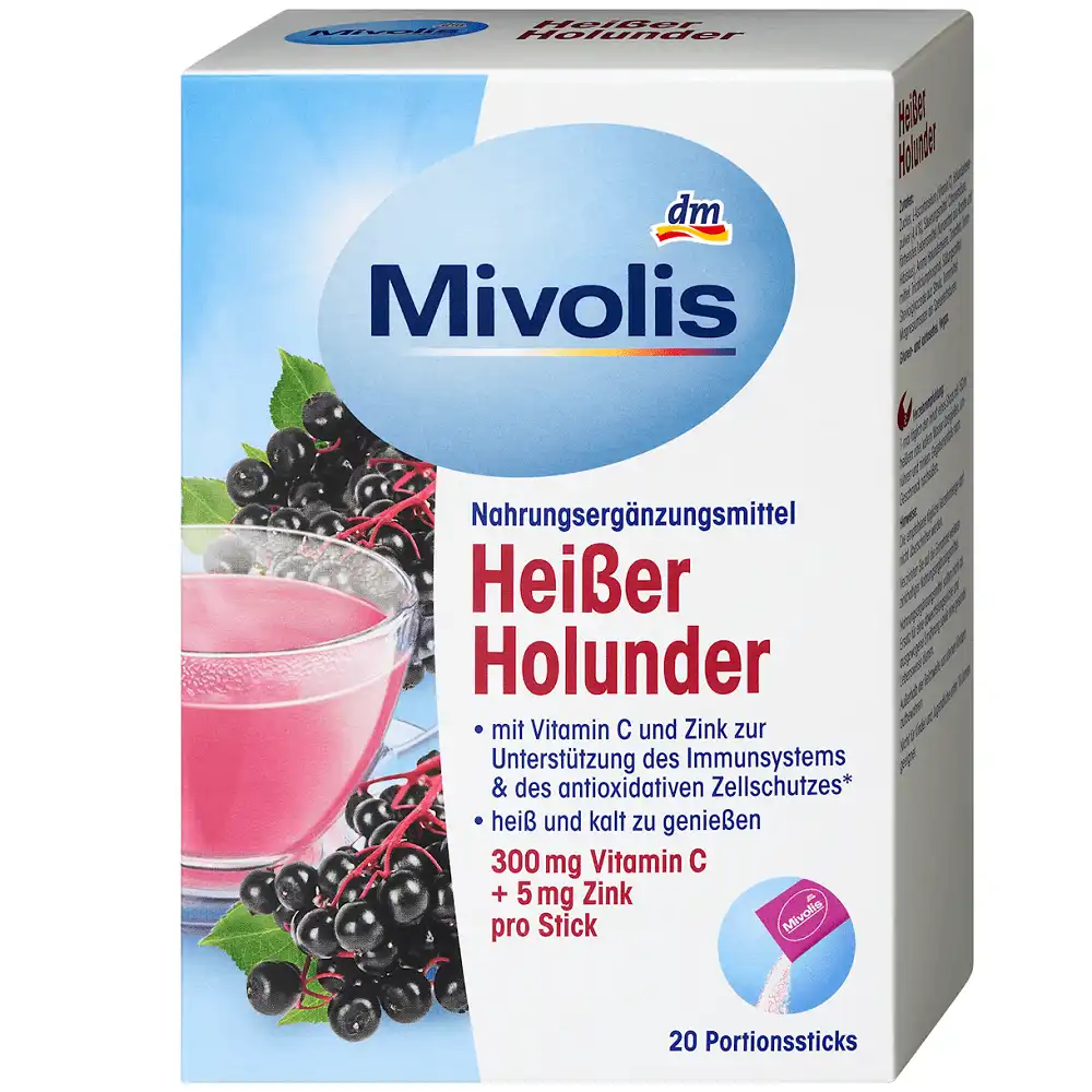 mivolis-heissgetraenk-heisser-holunder-20-sticks Thé aux Fleurs de Sureau, 20 bâtonnets, Mivolis – Image 1