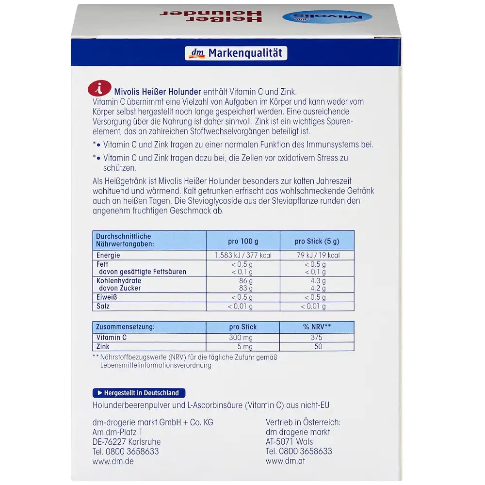 valeurs-nutritionnelles-mivolis-heissgetraenk-heisser-holunder Thé aux Fleurs de Sureau, 20 bâtonnets, Mivolis – Image 2