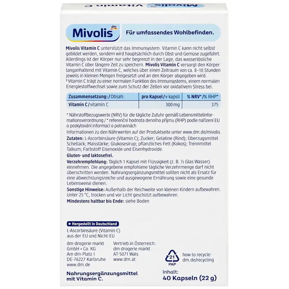 mivolis-vitamin-c-depot-valeurs-nutritionnelles Vitamine C, 300mg, 40 Gélules, Mivolis – Image 3