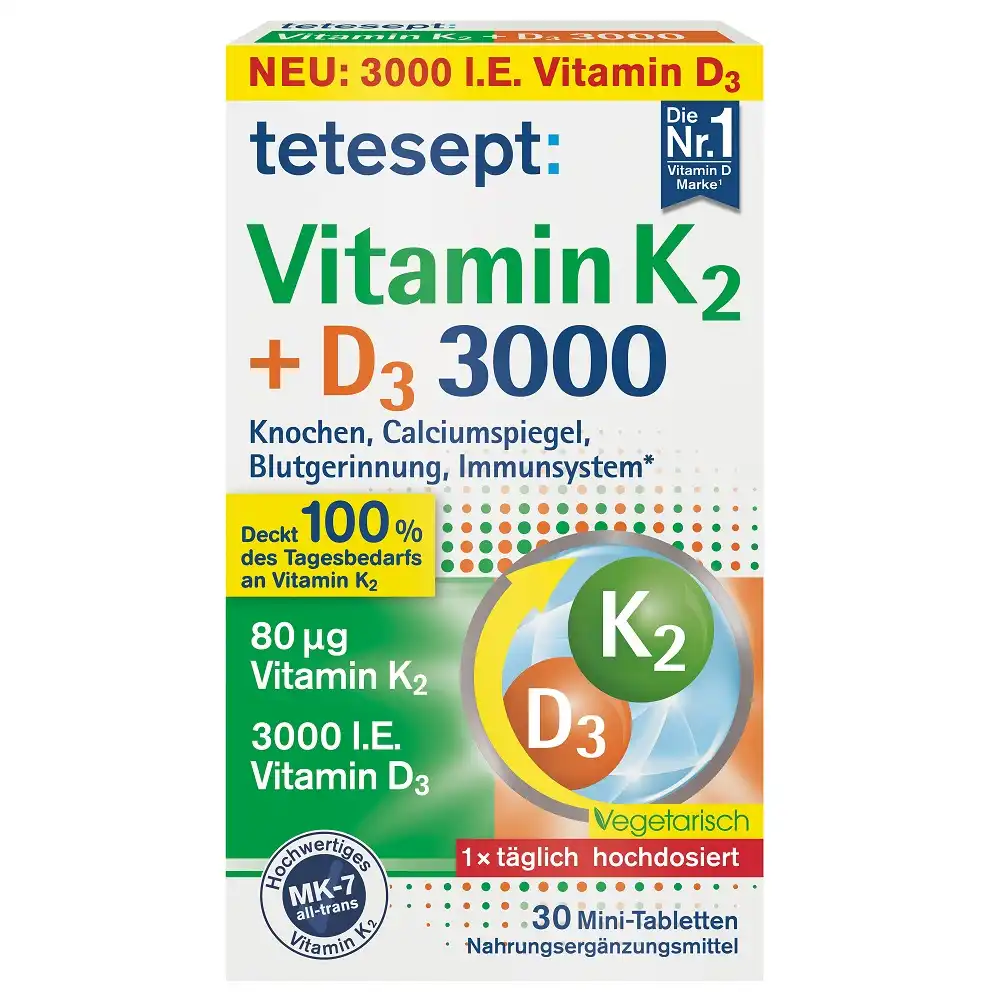 tetesept-Vitamin-K2-D3-3000-4008491122047 Vitamine K2 + D3 3000, 30 mini-comprimés, Tetesept – Image 1